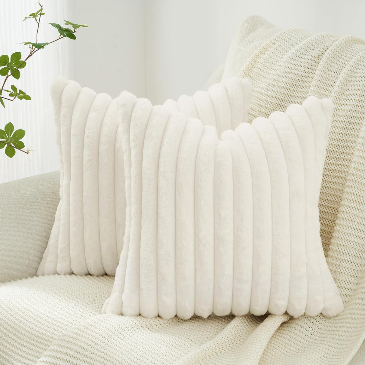 Faux Fur Cushion Covers - Chunky Embossed Flannel with Hidden Zipper - Snow, 45cm x 45cm (Pack of 2)