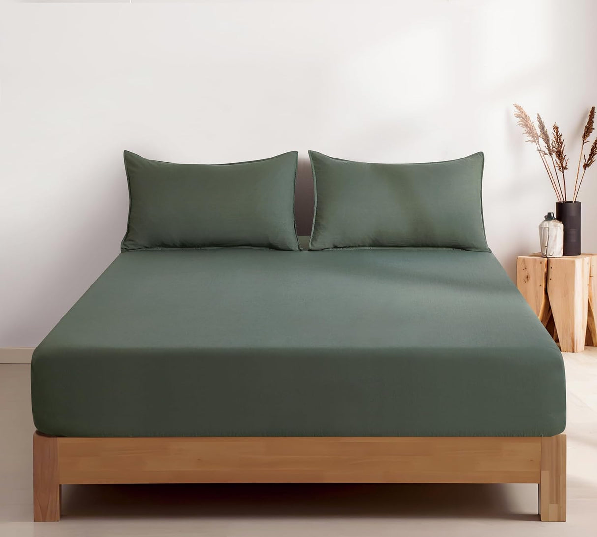 100% Vintage Washed Microfibre Fitted Sheet Set – Ultra Soft & Lightweight All-Season Fitted Sheet with 1 Pillowcase (Khaki Green, King Single Size)