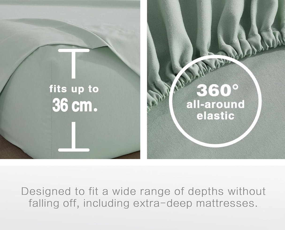 100% Vintage Washed Microfibre Fitted Sheet Set – Ultra Soft & Lightweight All-Season Fitted Sheet with 1 Pillowcase (Sage, King Single Size)