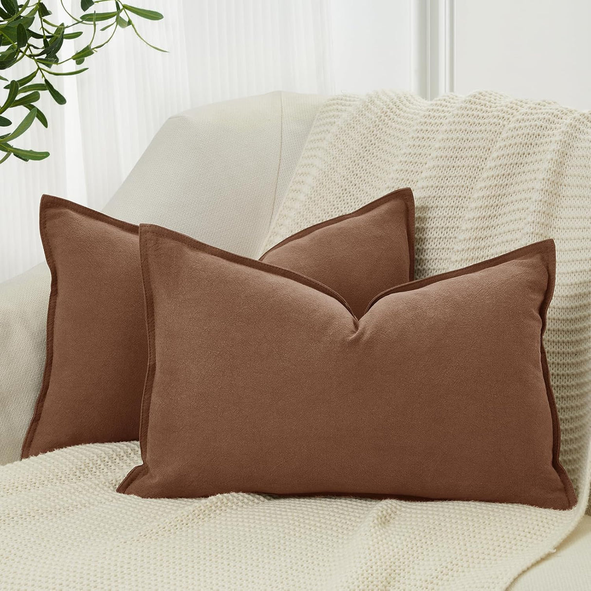 Linen Cushion Covers - 30% Linen 70% Cotton Blend, Soft & Breathable with Hidden Zipper Design - Cocoa Brown, 30cm x 50cm (Twin Pack)