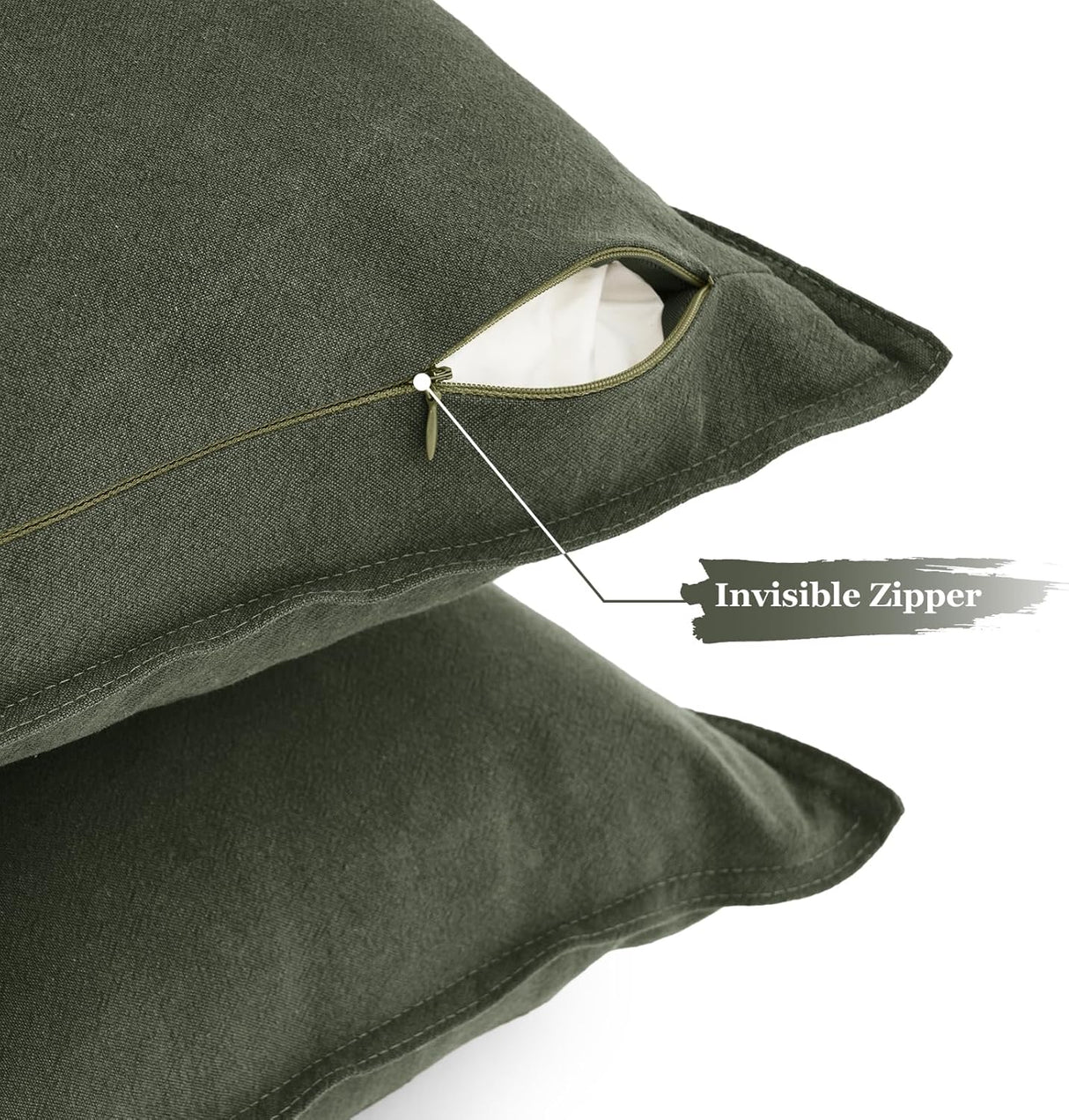 Linen Cushion Covers - 30% Linen 70% Cotton Blend, Soft & Breathable with Hidden Zipper Design - Khaki Green, 45cm x 45cm (Twin Pack)