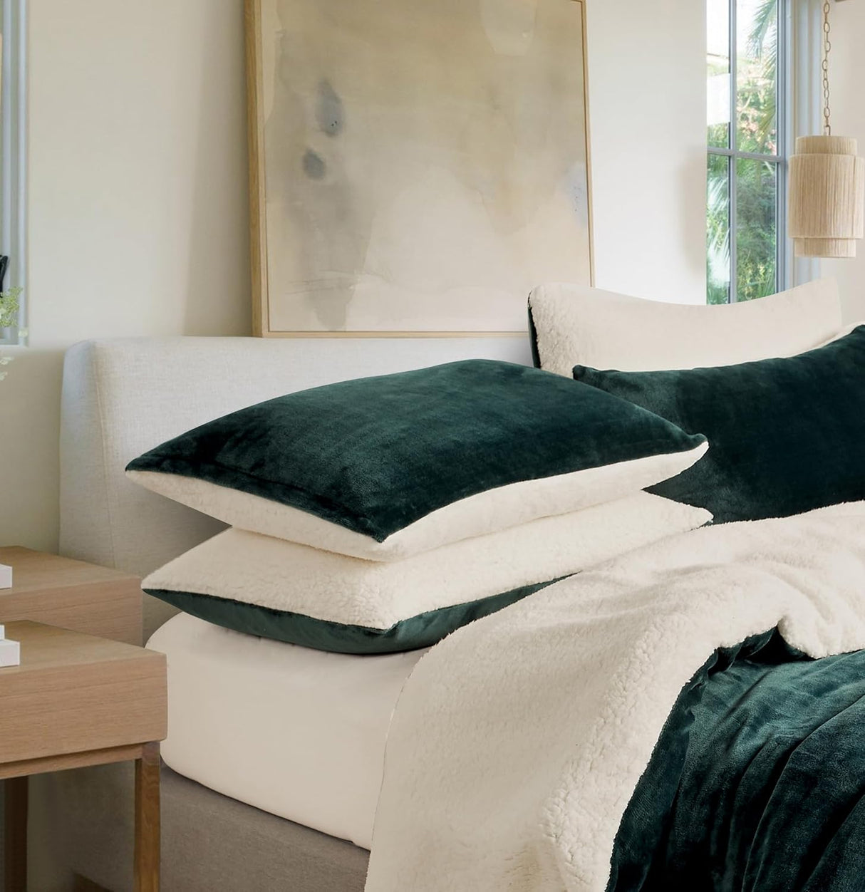 Teddy Sherpa Twin-Pack Standard Pillowcases - Soft Reversible Velvet & Sherpa Cushion Covers - Machine Washable with Zipper Closure - 48x73cm - Emerald Green