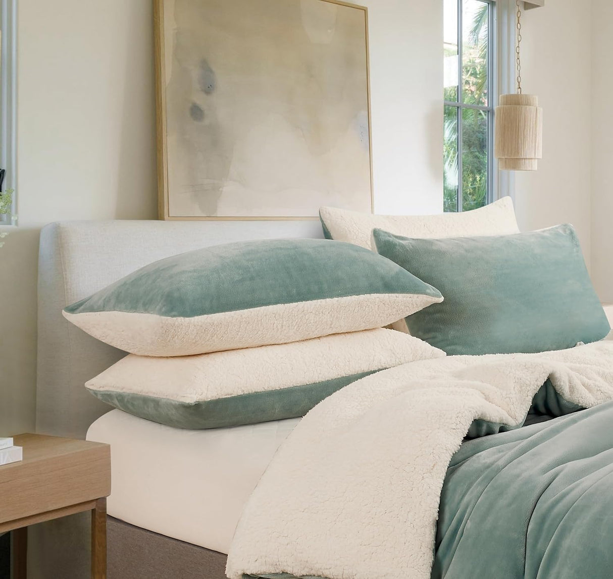 Teddy Sherpa Twin-Pack Standard Pillowcases - Soft Reversible Velvet & Sherpa Cushion Covers - Machine Washable with Zipper Closure - 48x73cm - Sage Green