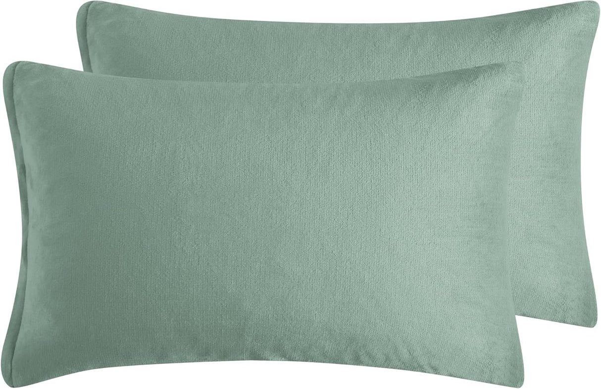 Teddy Sherpa Twin-Pack Standard Pillowcases - Soft Reversible Velvet & Sherpa Cushion Covers - Machine Washable with Zipper Closure - 48x73cm - Sage Green