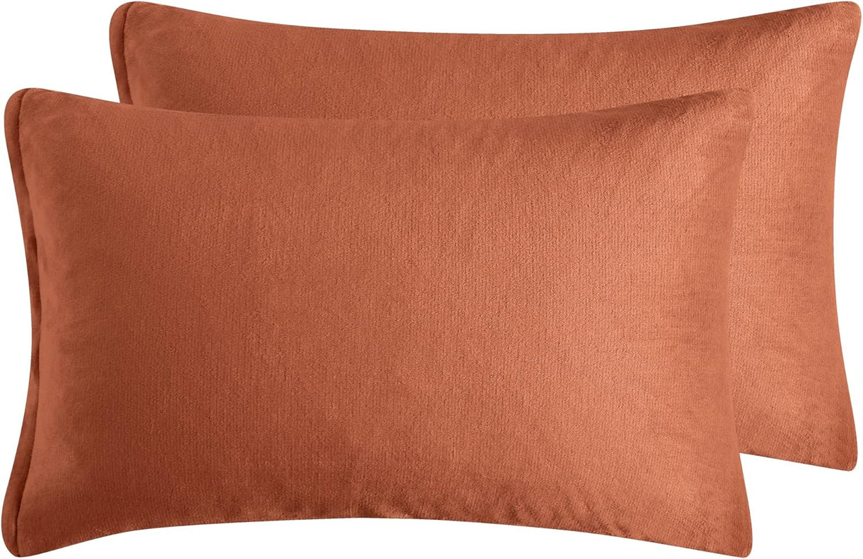 Teddy Sherpa Twin-Pack Standard Pillowcases - Soft Reversible Velvet & Sherpa Cushion Covers - Machine Washable with Zipper Closure - 48x73cm - Terracotta