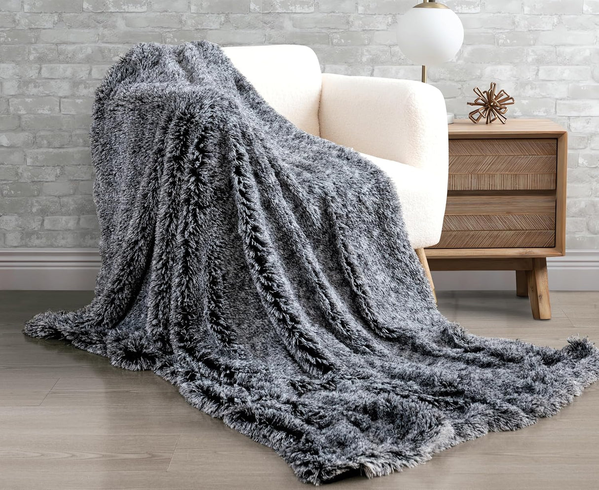 Double Sided Fx Fur Shaggy Throw Blanket - Charcoal