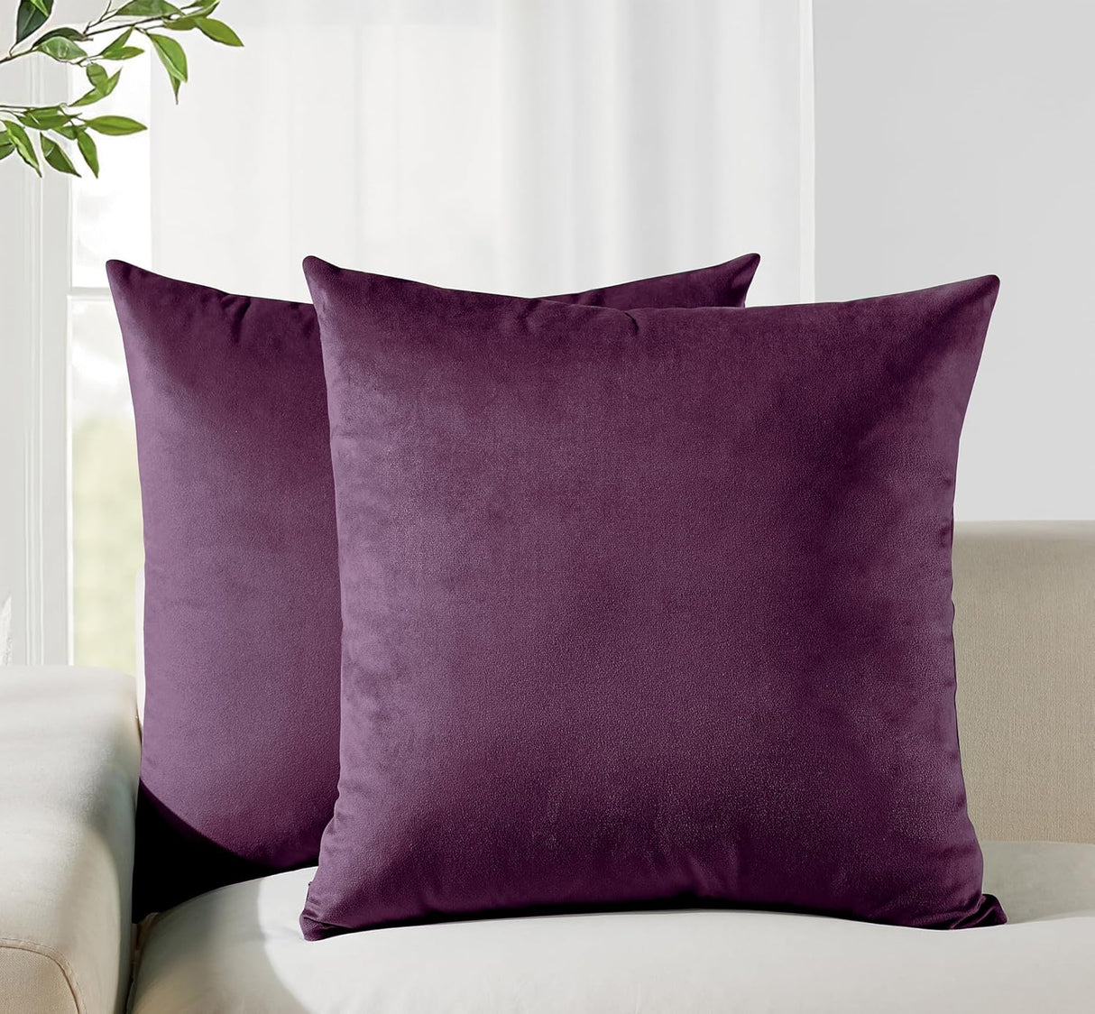 Twin-Pack Velvet Cushion Covers - Soft Microfibre Cushion Covers with Hidden Zipper (Plum, 45cm*45cm)