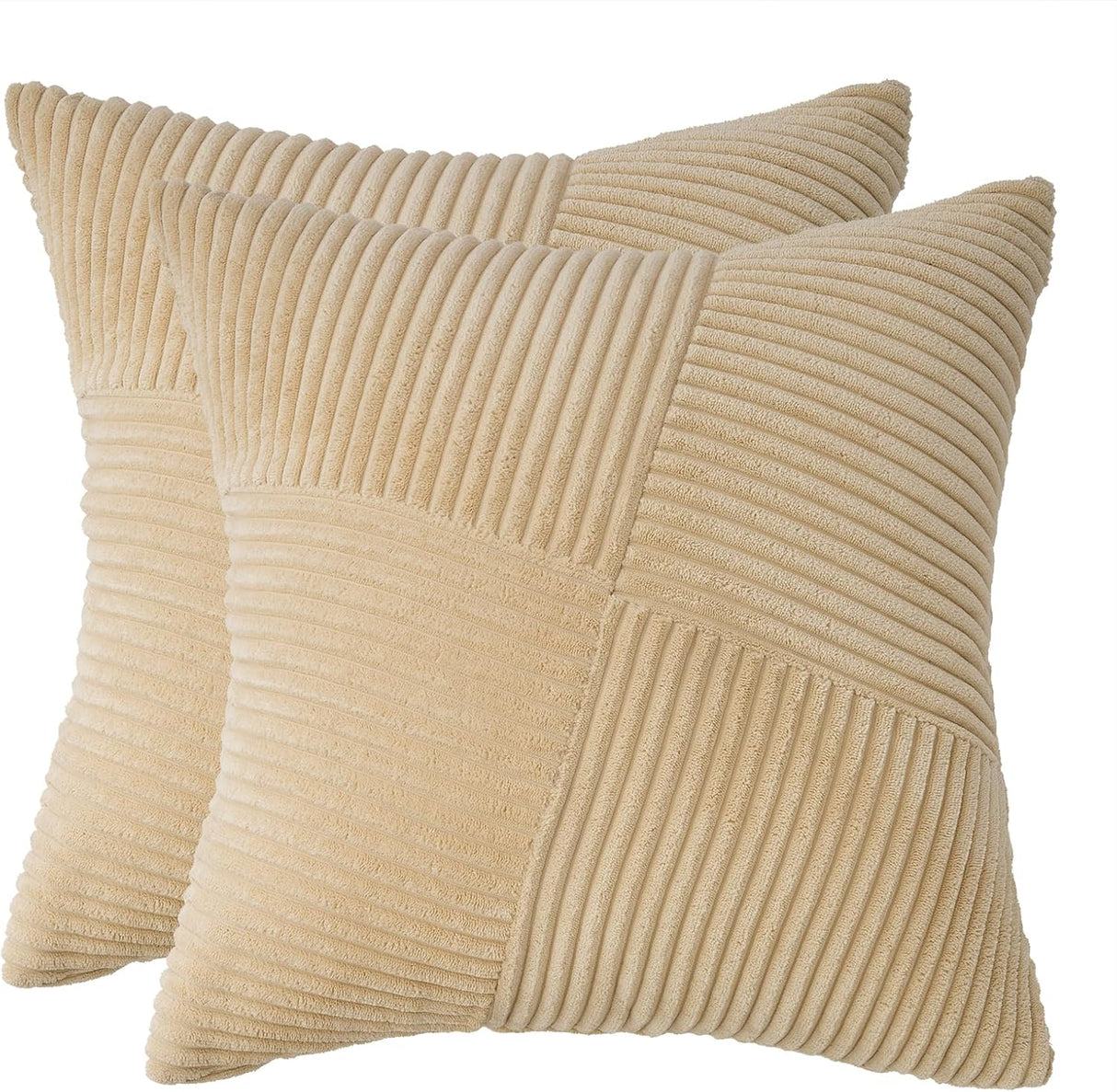 Corduroy Cushion Covers - Soft Velvet Fabric with Windmill-Inspired Pattern and Hidden Zipper Design - Beige, 45cm x 45cm (Twin Pack)