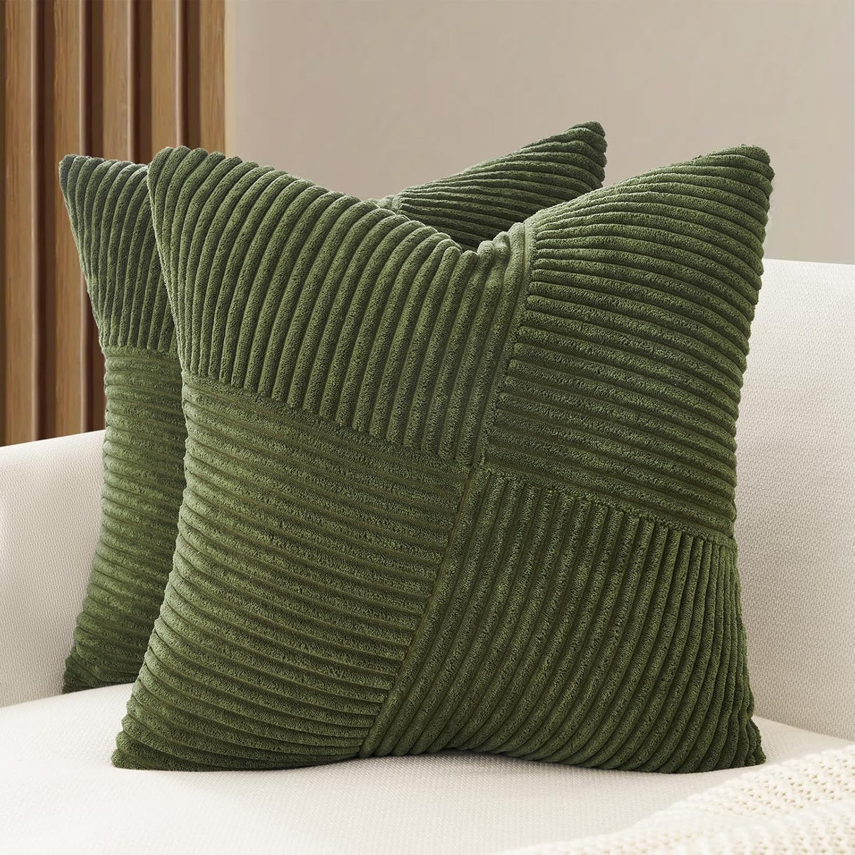 Corduroy Cushion Covers - Soft Velvet Fabric with Windmill-Inspired Pattern and Hidden Zipper Design - Olive Green, 45cm x 45cm (Twin Pack)