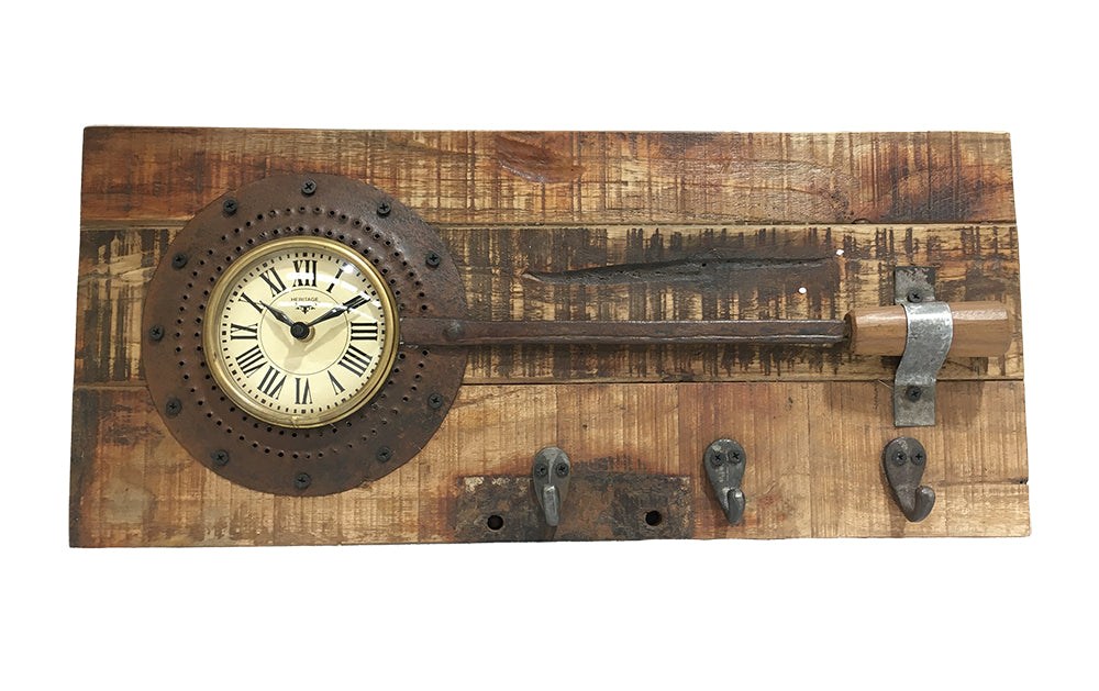 Antique Frying Pan Wall Clock on Reclaimed Mango Wood