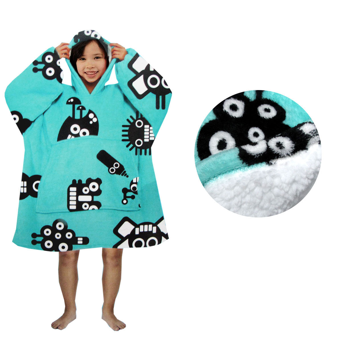 Cozy Aqua Robot Sherpa Blanket Hoodie for Kids