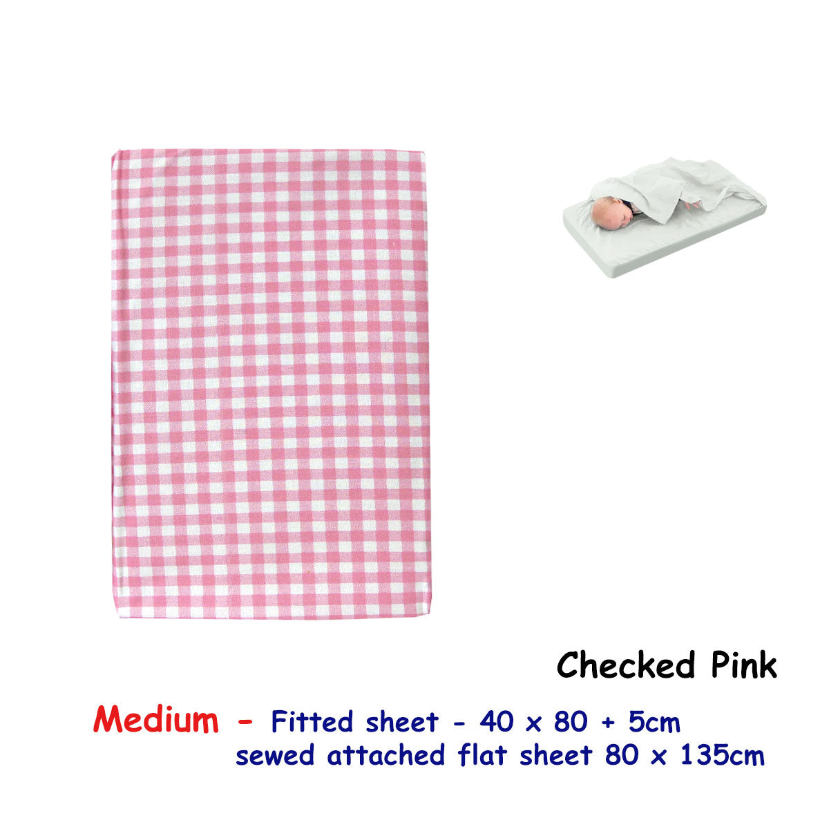 Sewn-Flat Sheet and Fitted Bassinet Sheet in Checked Pink Design