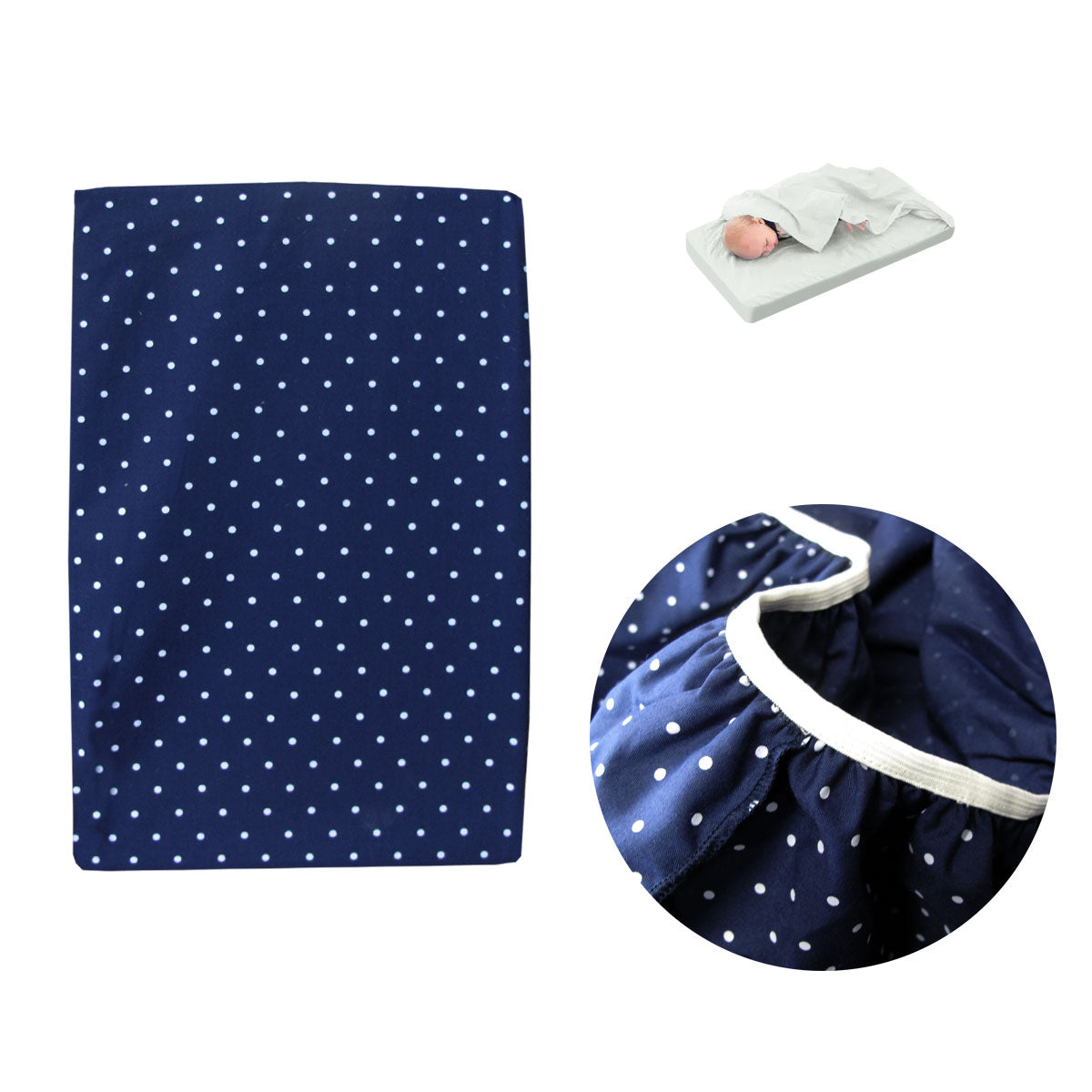 Navy Polka Dot Dual-Designed Bassinet Fitted Sheet with Attached Flat Sheet