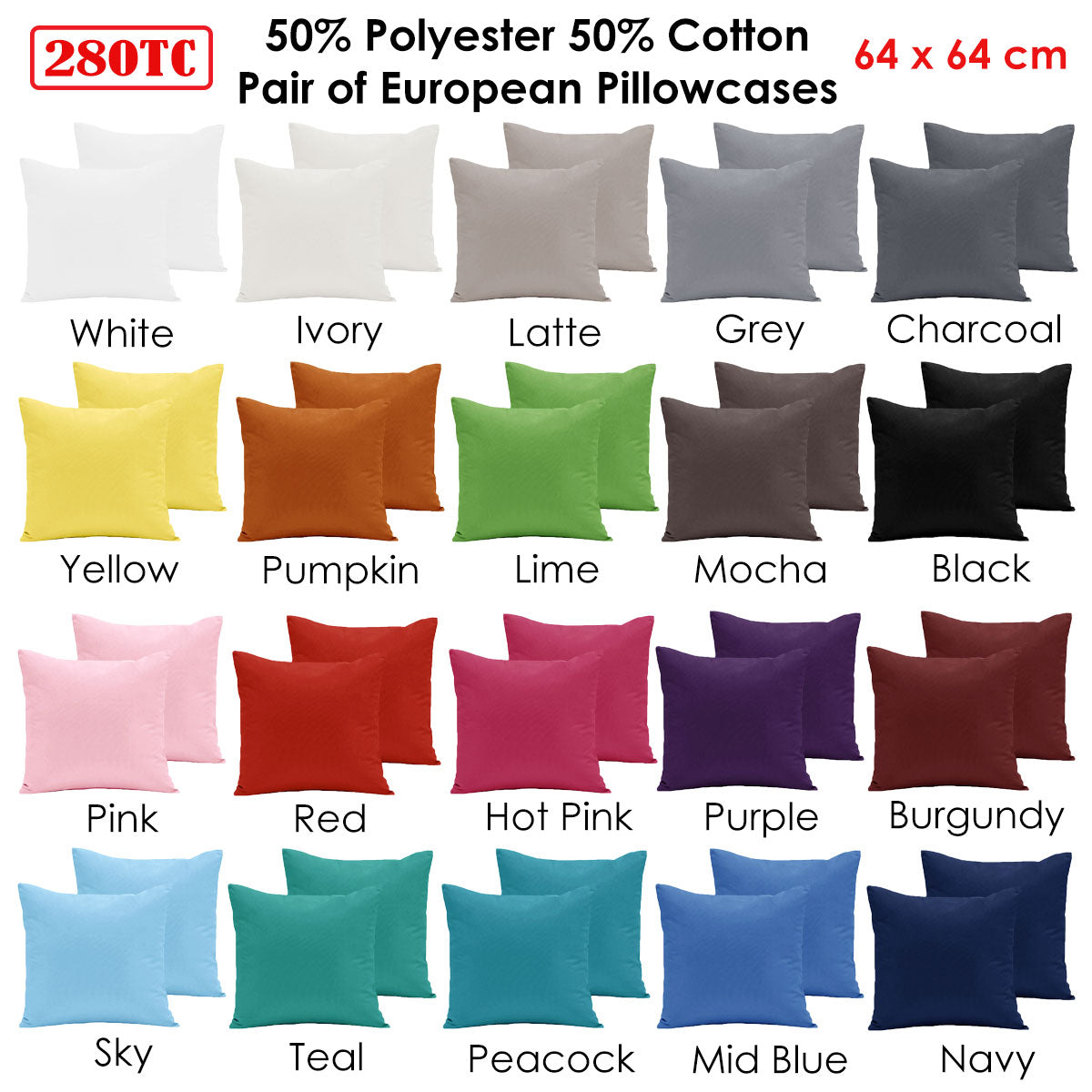 Pair of 280TC Polyester Cotton European Pillowcases Navy