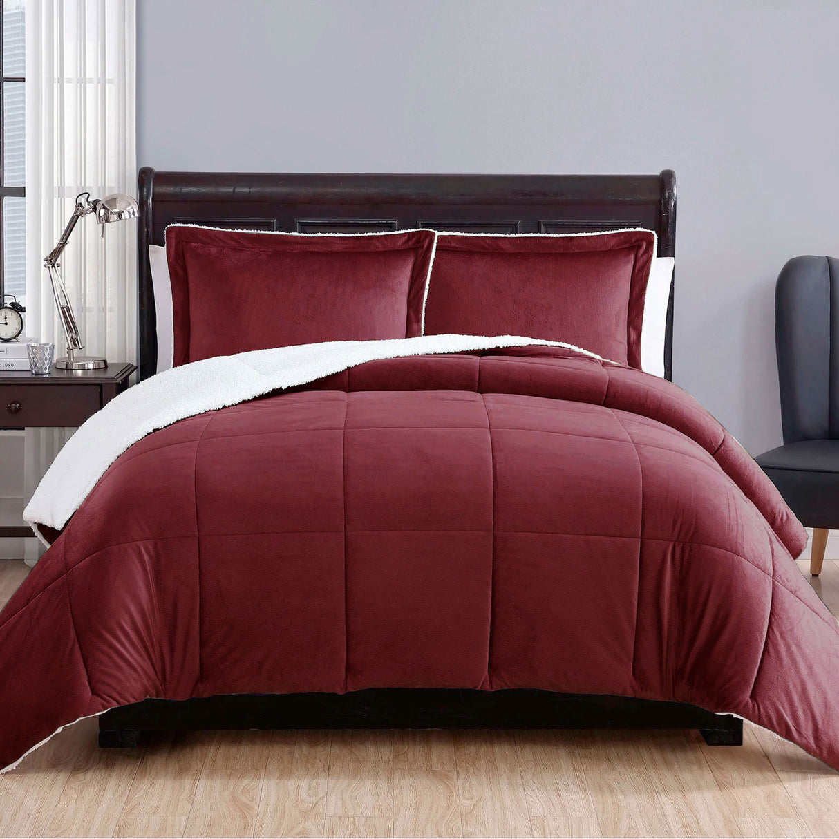 Lavish 3-Piece Queen Micro Mink Comforter Set with Cozy Sherpa Reverse in Burgundy