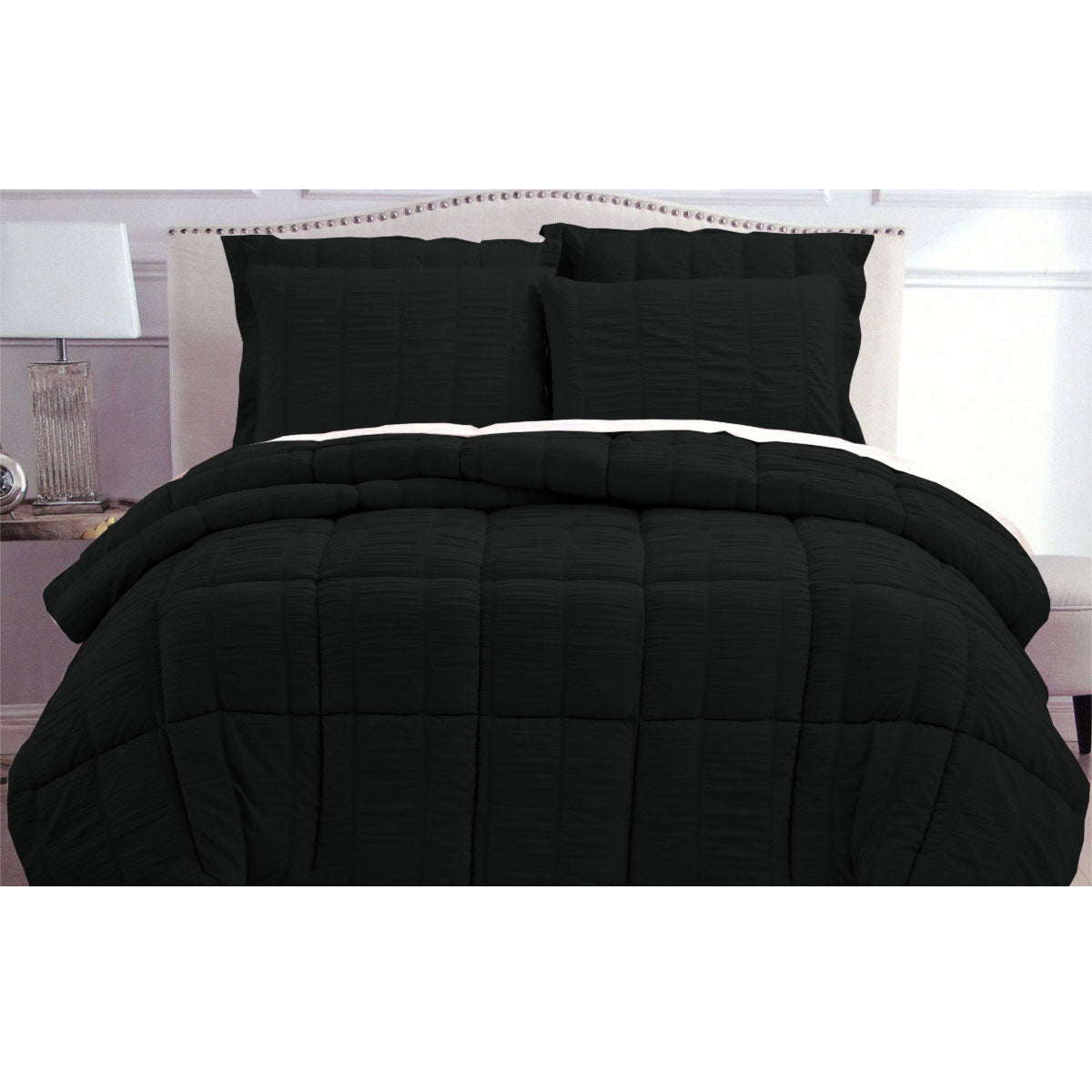 Elegant Black Seersucker Queen Comforter Set by Hotel Living