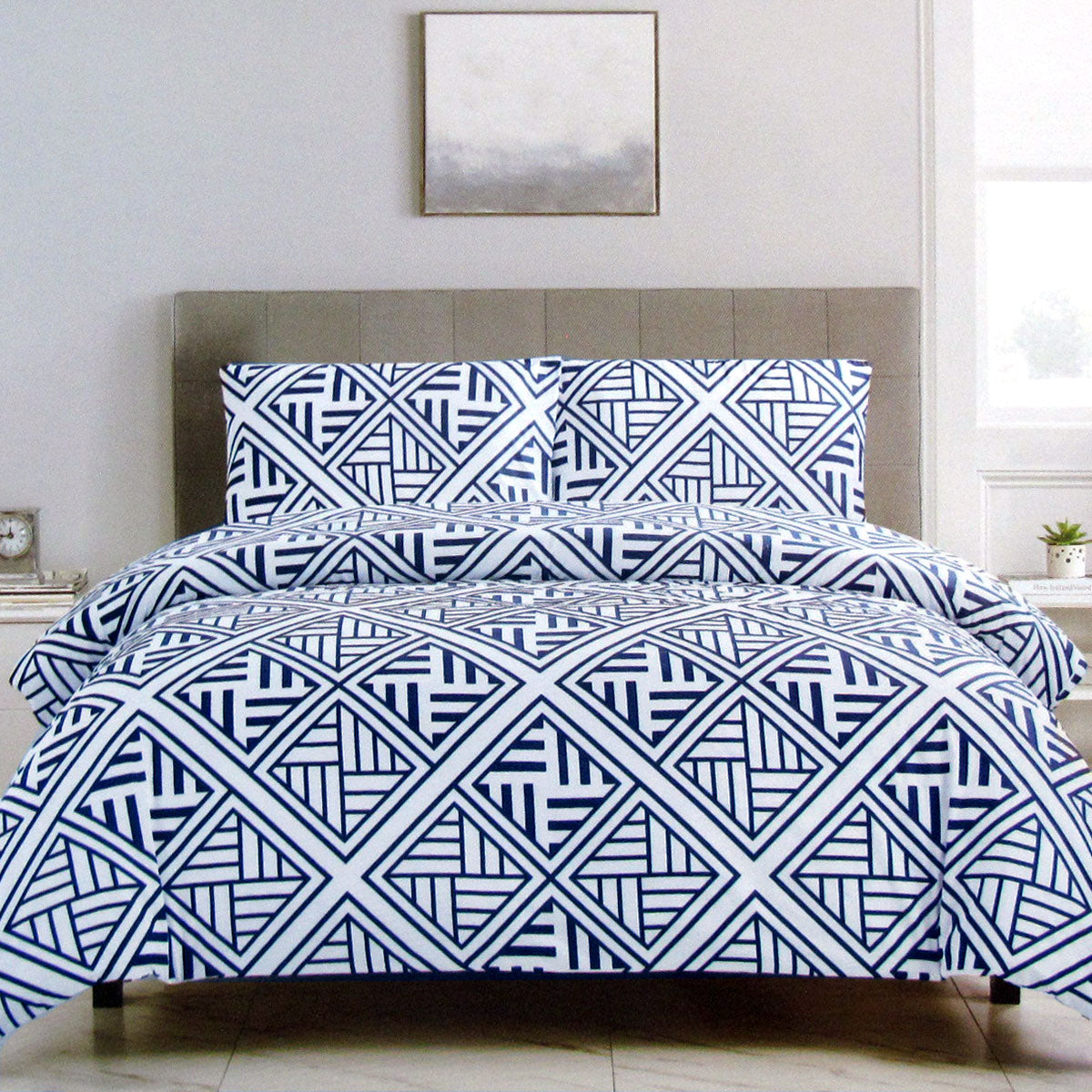 Artex Navy Enzi Geometric Microfiber Quilt Cover Set for Queen Size Beds