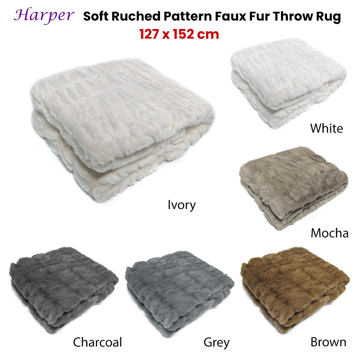 Harper Soft Ruched Pattern Faux Fur Throw Rug 127 x 152 cm Ivory