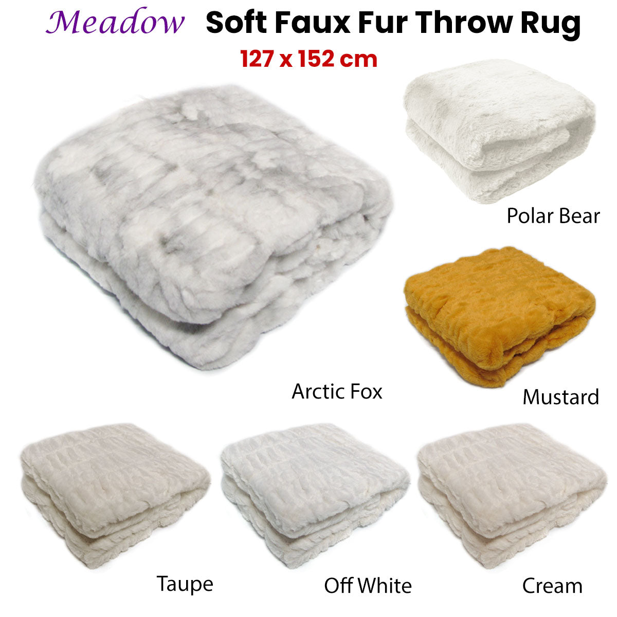 Meadow Soft Faux Fur Throw Rug 127 x 152 cm Off White