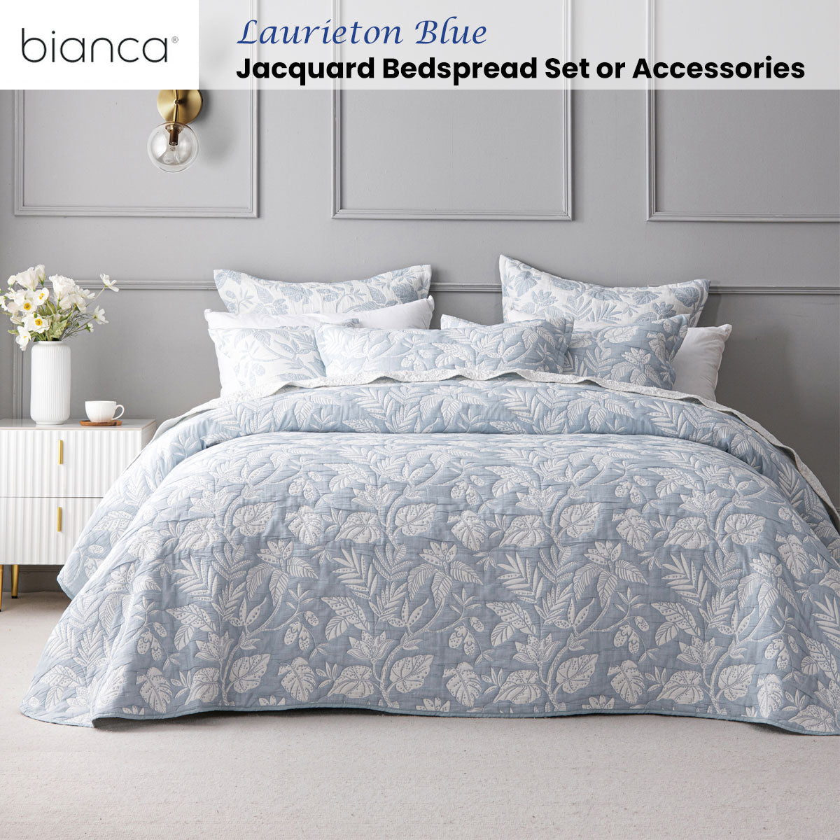 Bianca Laurieton Blue Jacquard Botanical Bedspread Set Queen