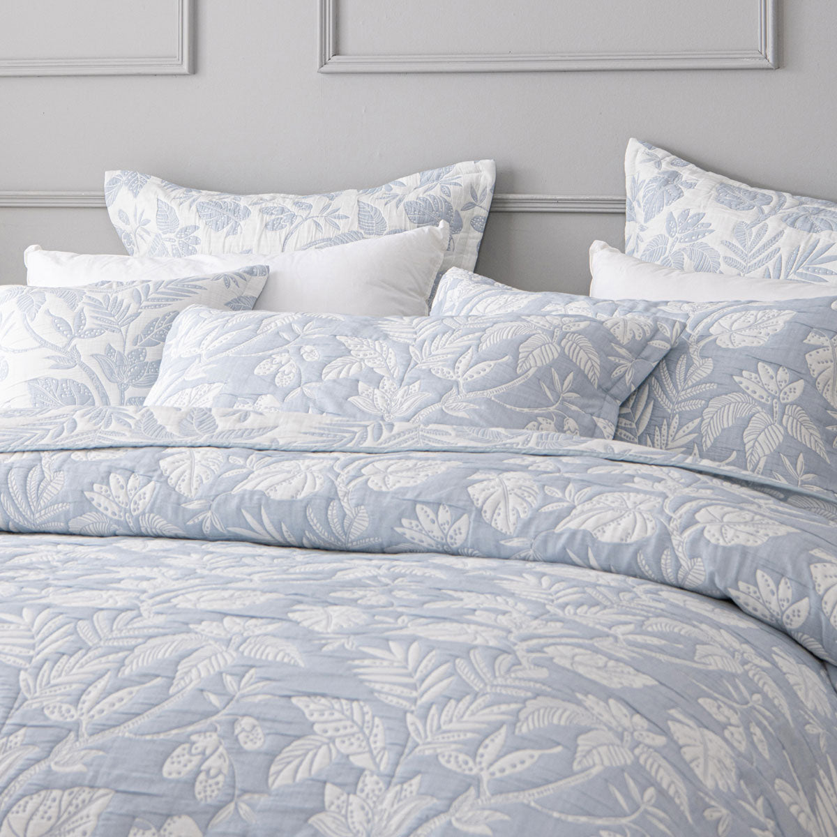 Bianca Laurieton Blue Jacquard Botanical Bedspread Set Super King