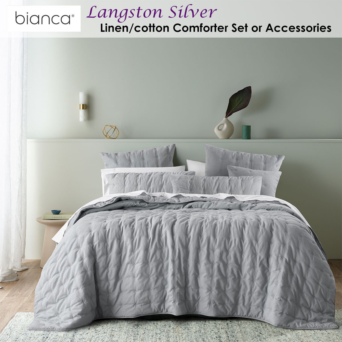 Langston Silver Pre-Washed Linen-Cotton Comforter Set for Queen/King Beds