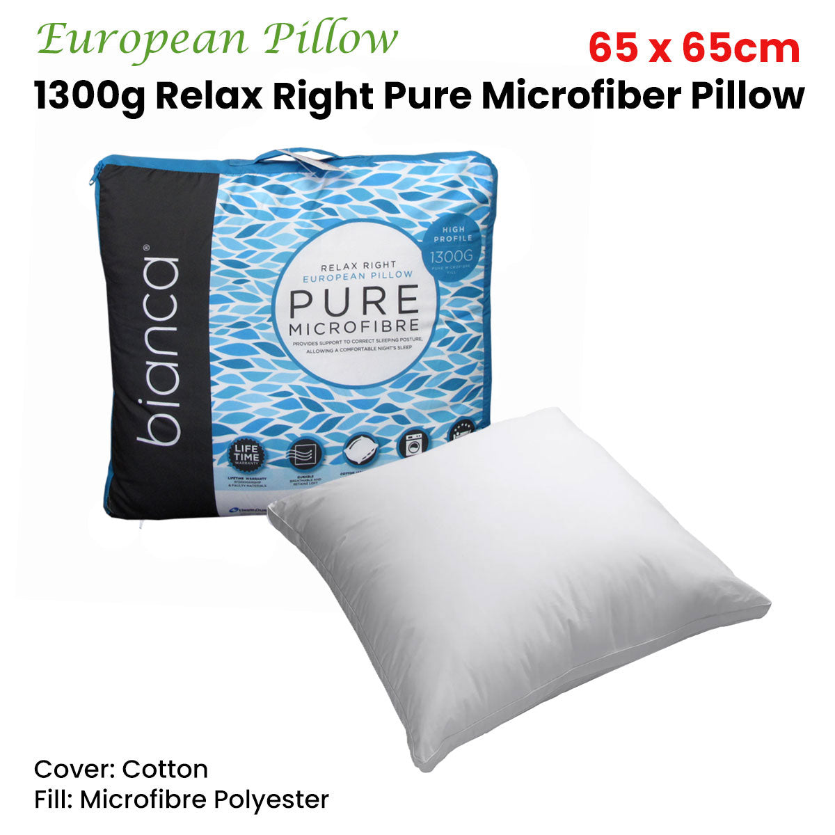 Bianca Luxurious 1300g Microfiber European Pillow - 65 x 65cm