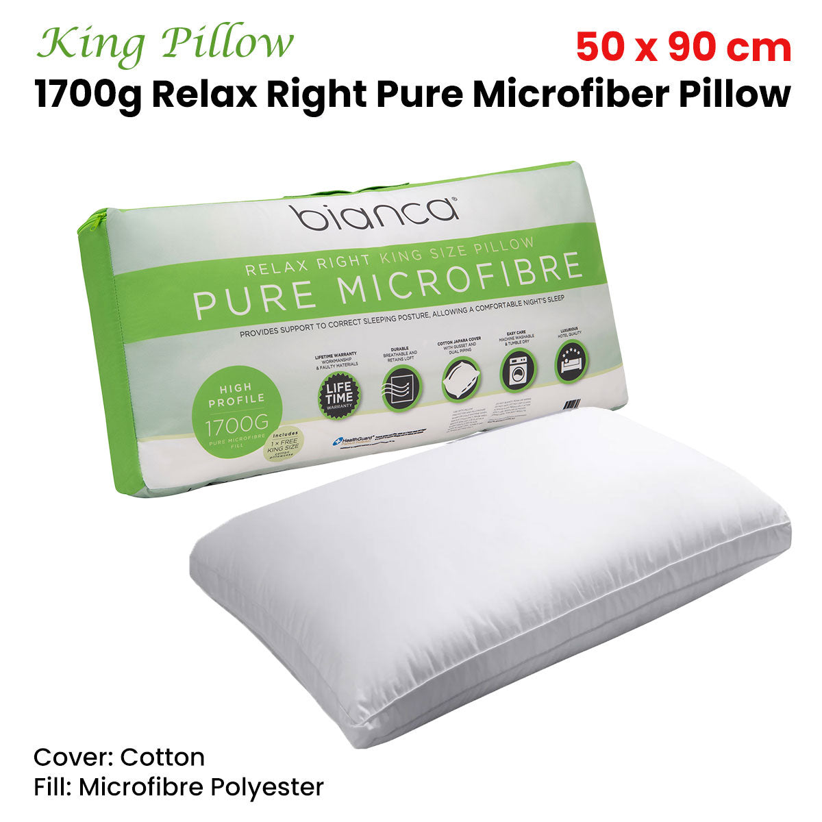Bianca Luxury 1700g Pure Microfiber King Pillow - 50 x 90cm