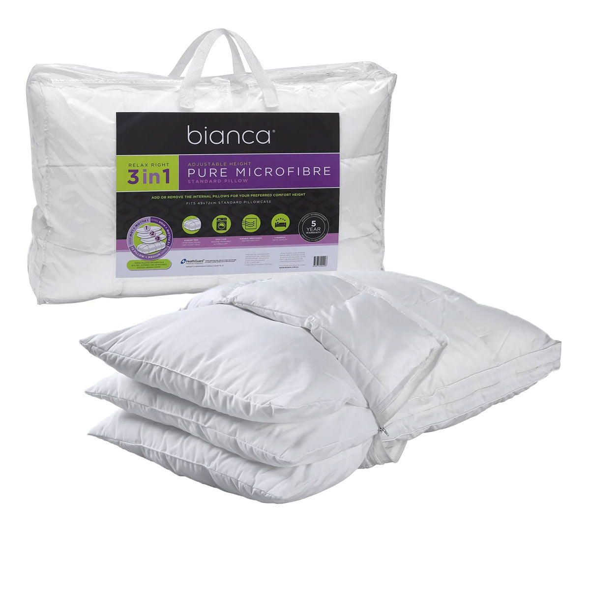 Bianca Adjustable Microfiber Pillow 3-in-1 Comfort Solution 49 x 72cm