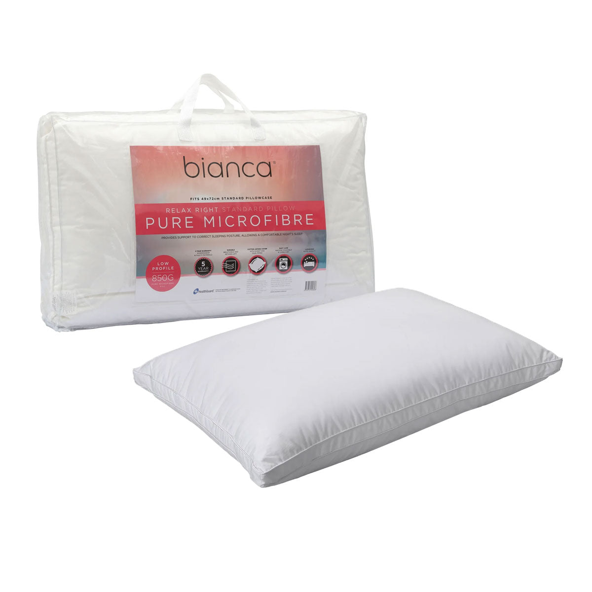 Luxury Microfiber Low Profile Standard Pillow - Bianca 850g, 49 x 72cm