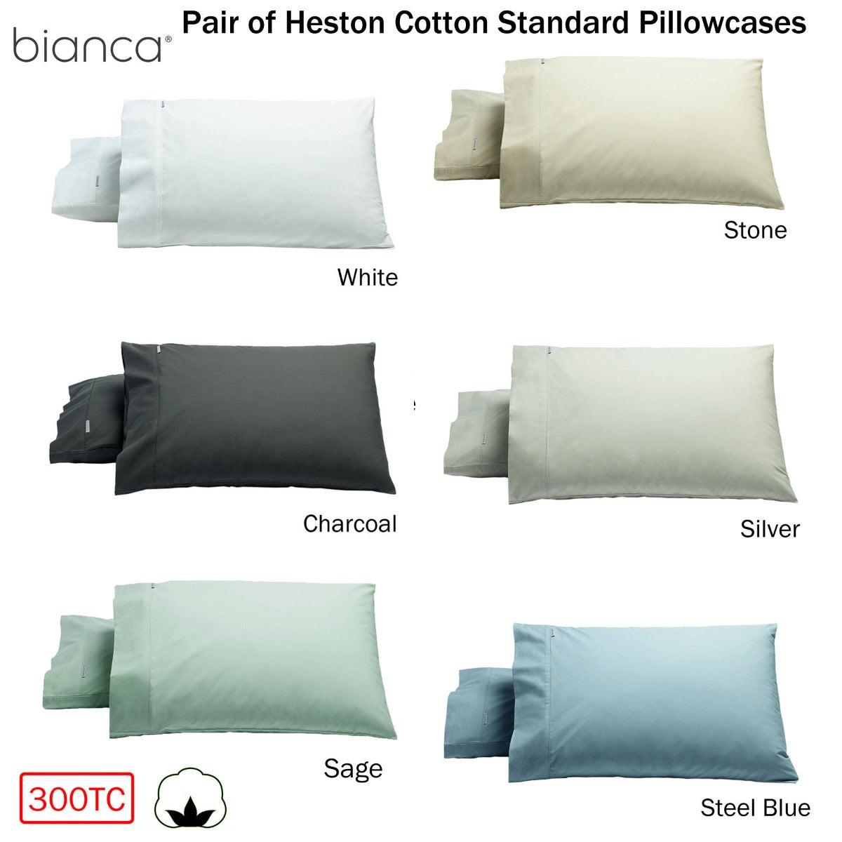 Bianca Heston Cotton Percale Standard Pillowcase Set in Stone - 300TC Luxury Comfort