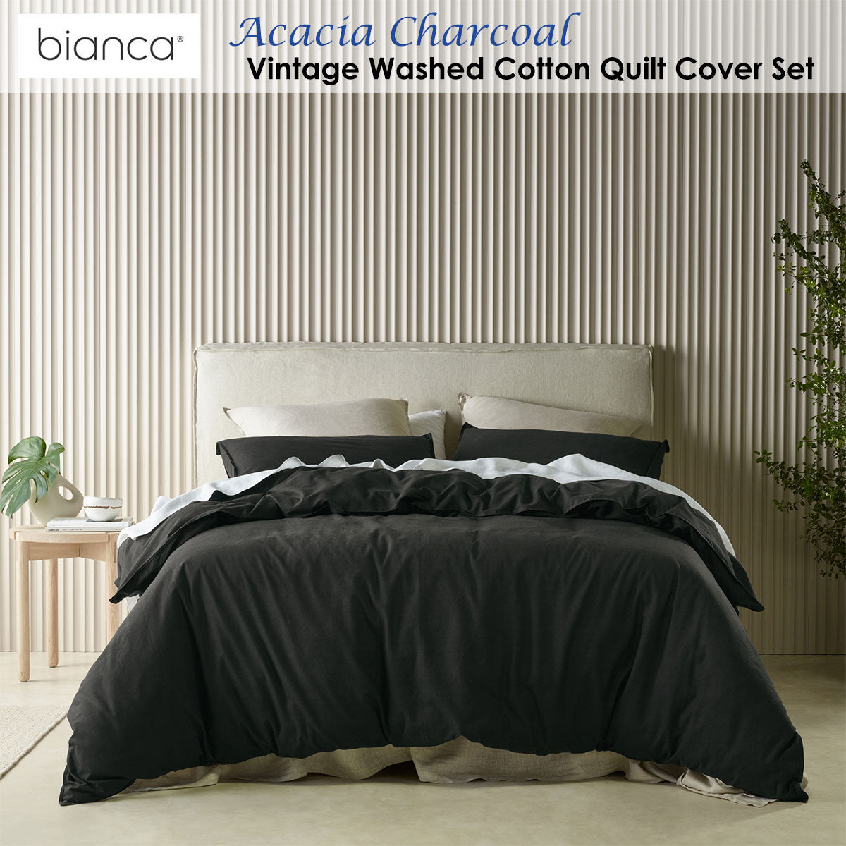 Charcoal Vintage Washed Cotton Quilt Cover Set by Bianca - Queen Size