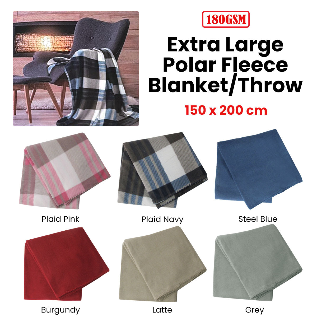180GSM Extra Large Polar Fleece Throw Blanket 150 x 200cm Plaid Pink