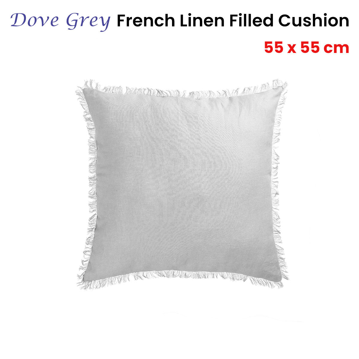 Dove Grey French Linen Square Cushion with Frayed Edge - 55cm x 55cm