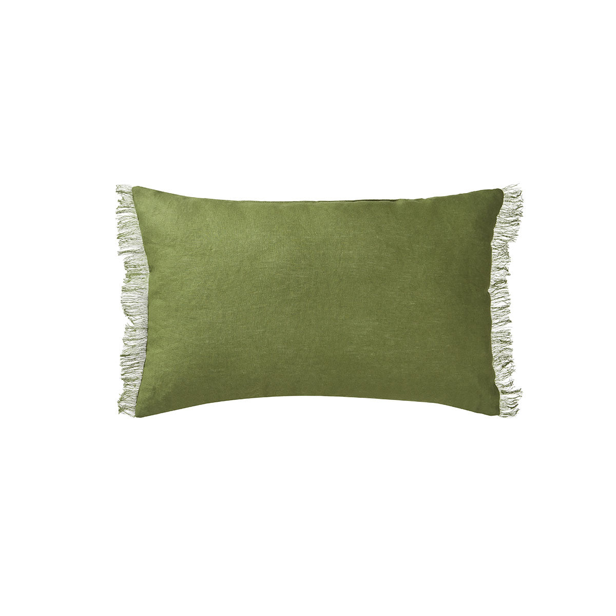 Olive French Linen Oblong Cushion with Frayed Edges - 35cm x 55cm by Vintage Design Homewares