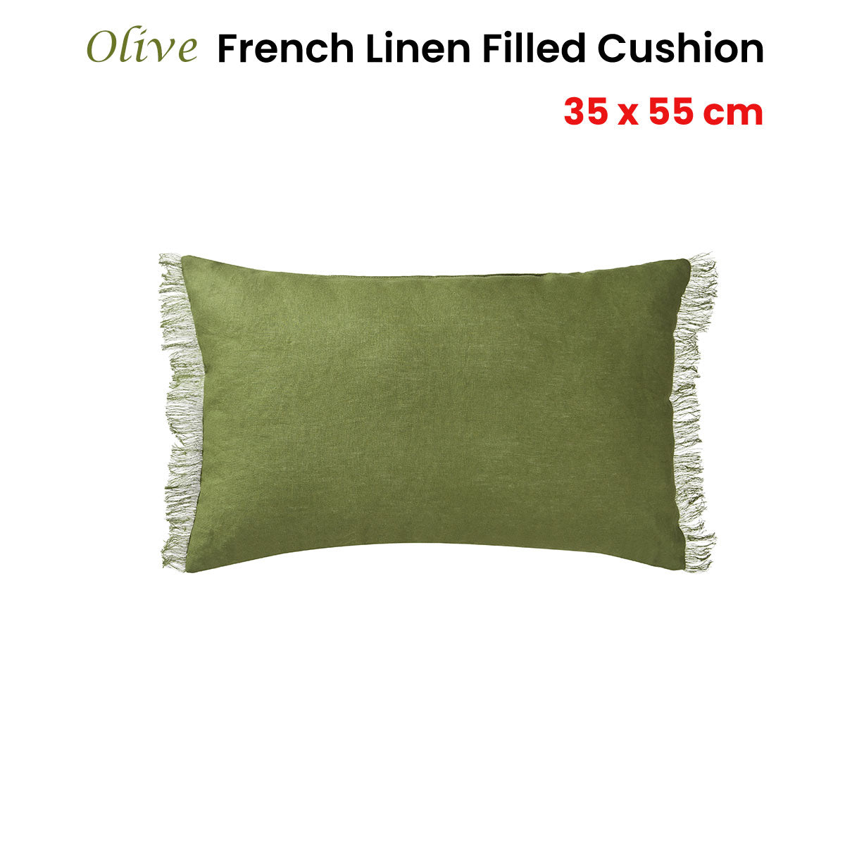 Olive French Linen Oblong Cushion with Frayed Edges - 35cm x 55cm by Vintage Design Homewares