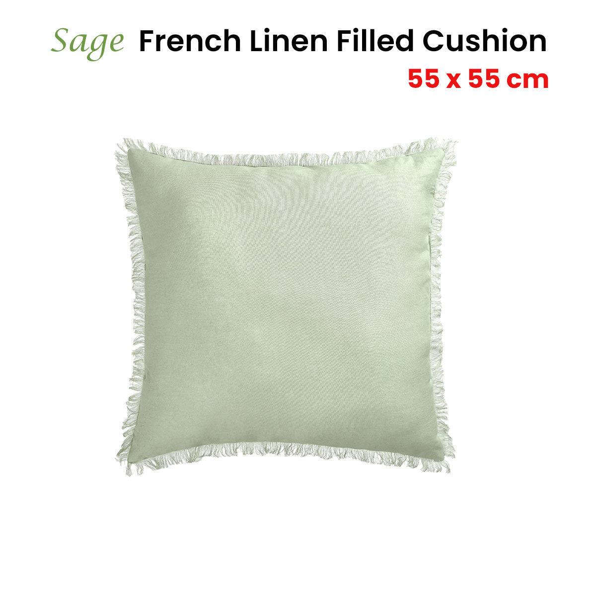 Sage French Linen Square Cushion - Vintage Design Homewares - 55cm x 55cm