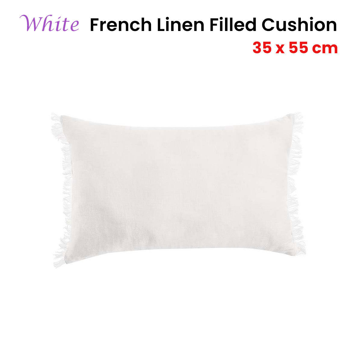 Oblong White French Linen Cushion with Frayed Edge - 35cm x 55cm by Vintage Design Homewares