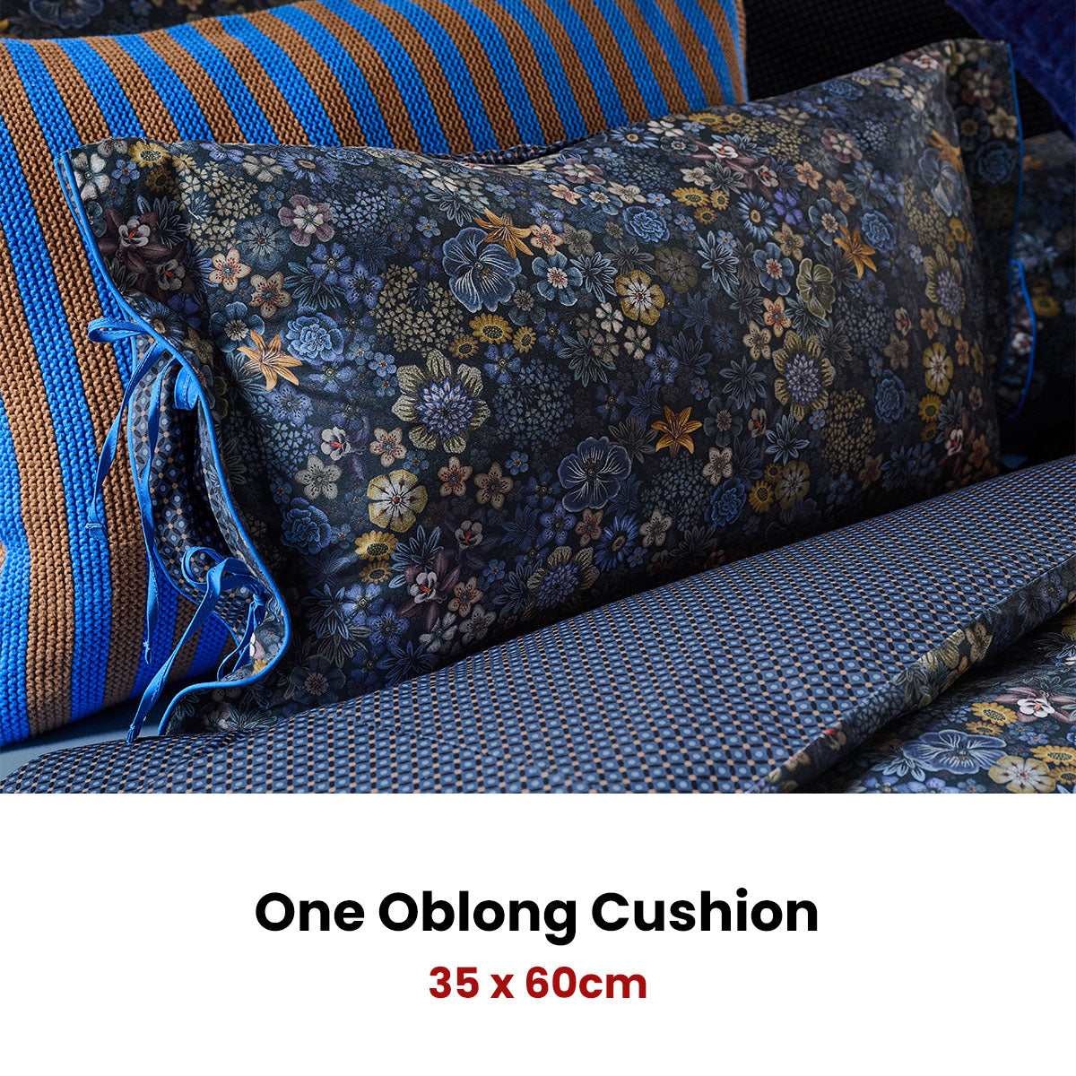 PIP Studio Tutti i Fiori Dark Blue Cotton Cover Oblong Cushion 35cm x 60cm