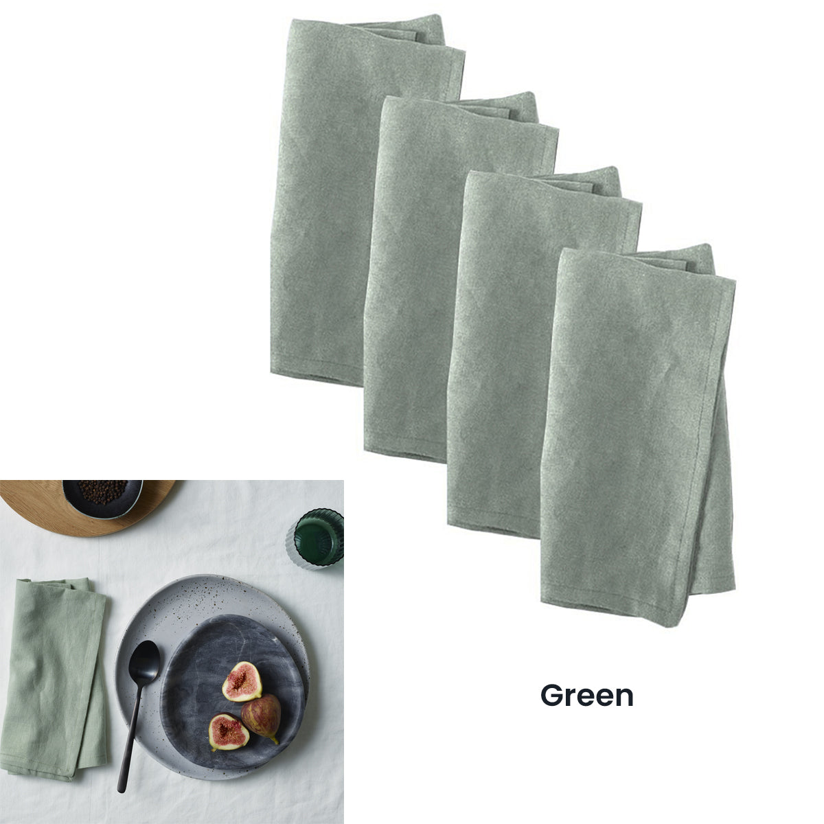 Set of 4 Vintage Washed Linen Cotton Napkins in Green – 50cm x 50cm