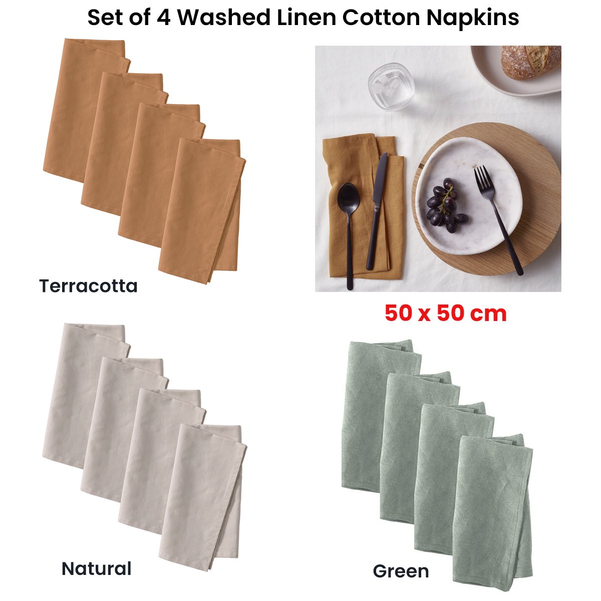 Set of 4 Vintage Washed Linen Cotton Napkins in Green – 50cm x 50cm