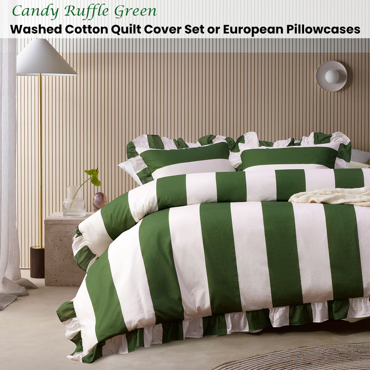 Vintage Design Homewares Candy Ruffle Green Striped Washed Cotton Quilt Cover Set Super King