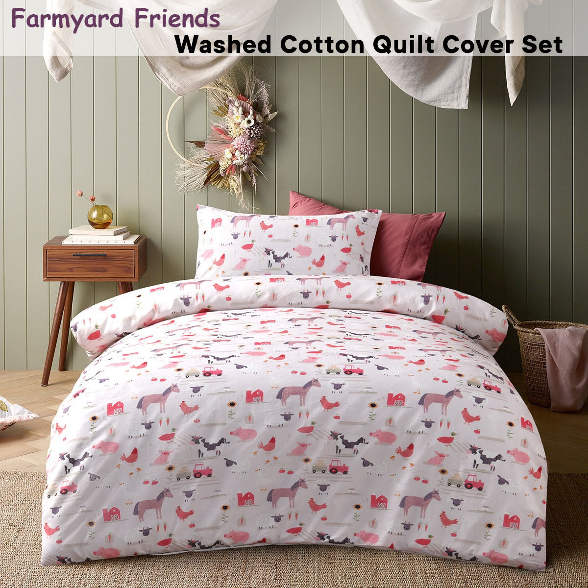 Happy Kids Farmyard Friends Washed Quilt Cover Set Single