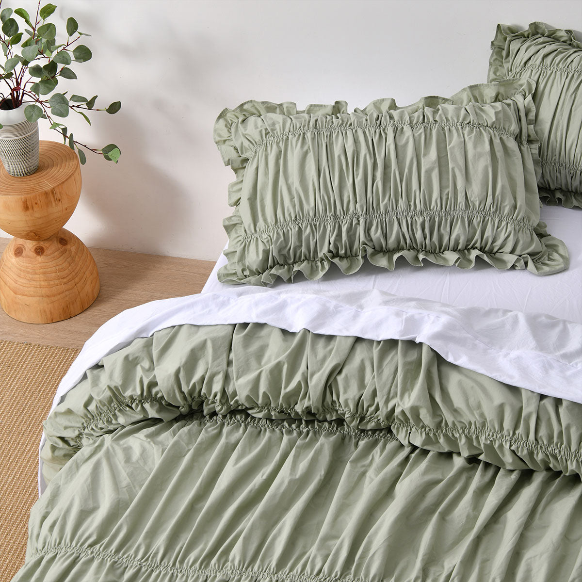 Vintage Design Homewares Haven Sage Washed Cotton Ruched Quilt Cover Set Single