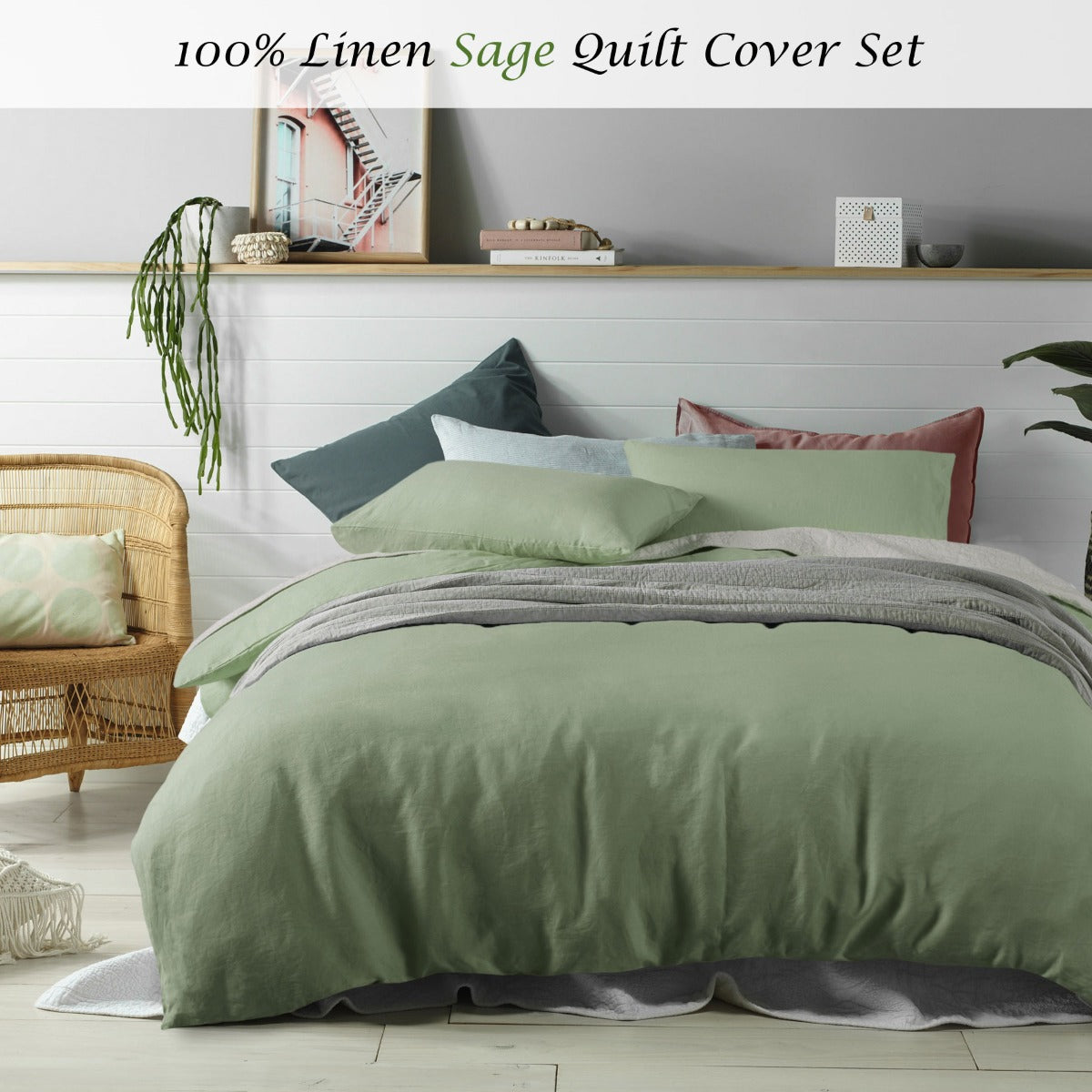 Sage Green 100% Linen Double Quilt Cover Set by Accessorize