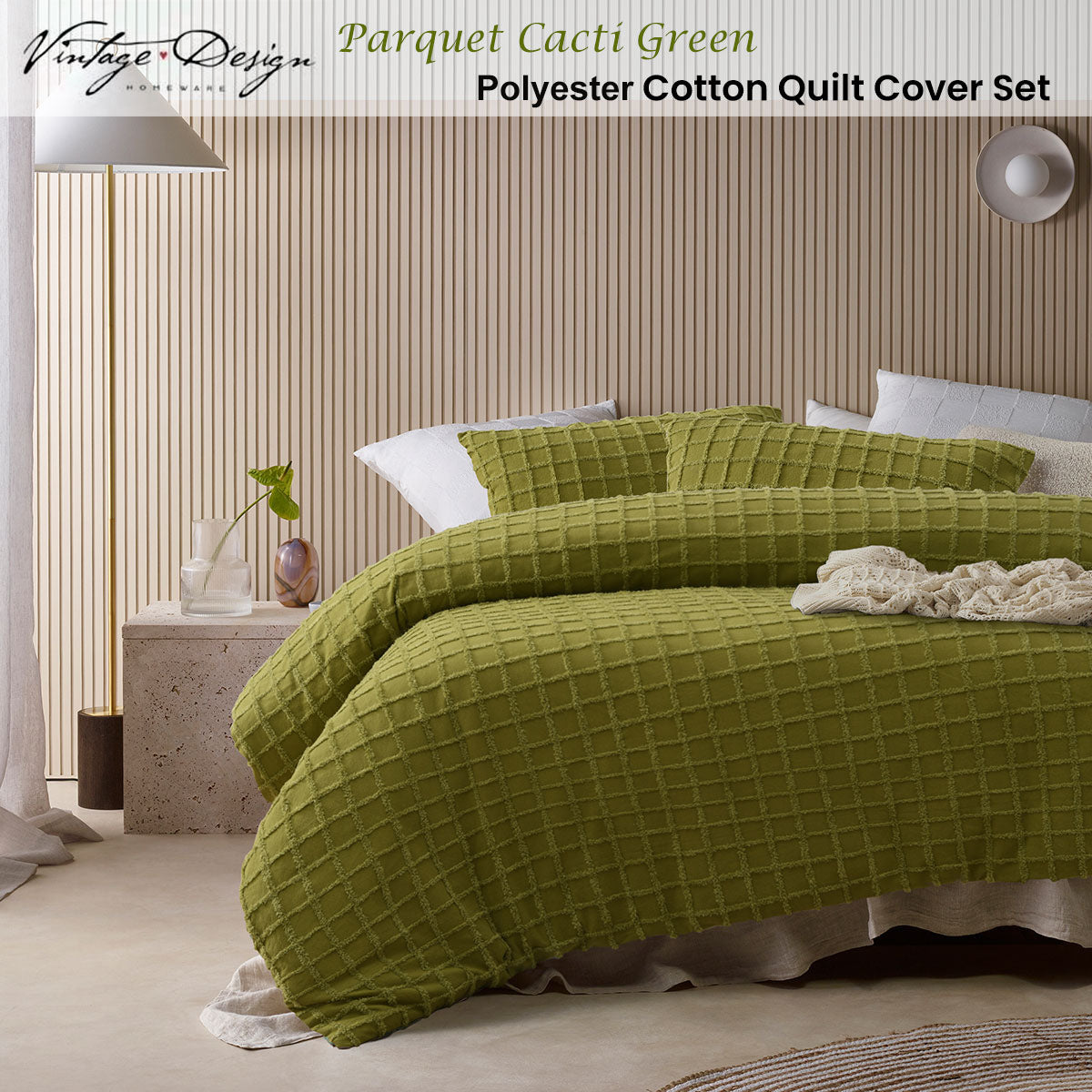 Vintage Design Homewares Parquet Cacti Green Polyester Cotton Quilt Cover Set Double
