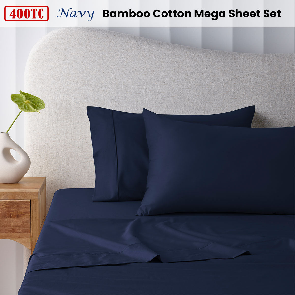 Accessorize 400TC Navy Bamboo Cotton Mega Sheet Set 50cm Wall Queen