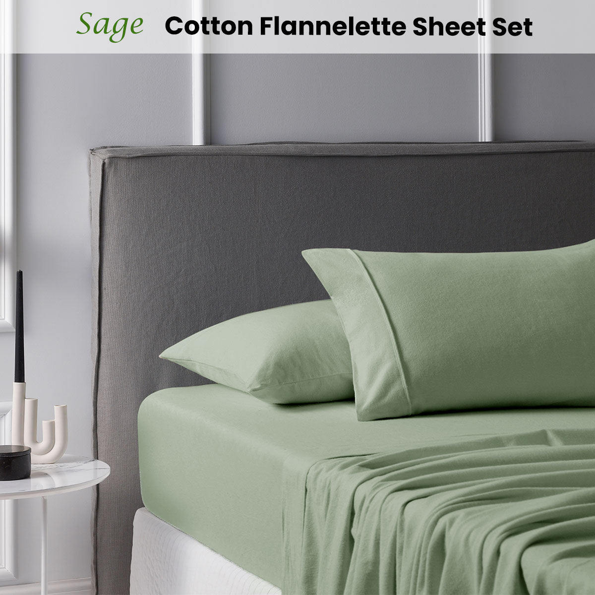 Sage Green Cotton Flannelette Sheet Set with 40cm Wall for King Size