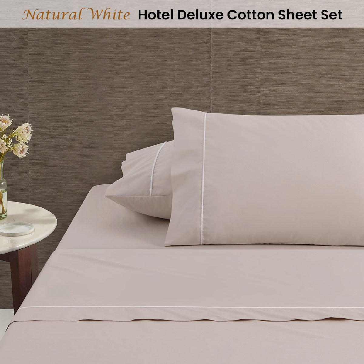 Luxurious White/Natural Piped Cotton Queen Sheet Set by Accessorize