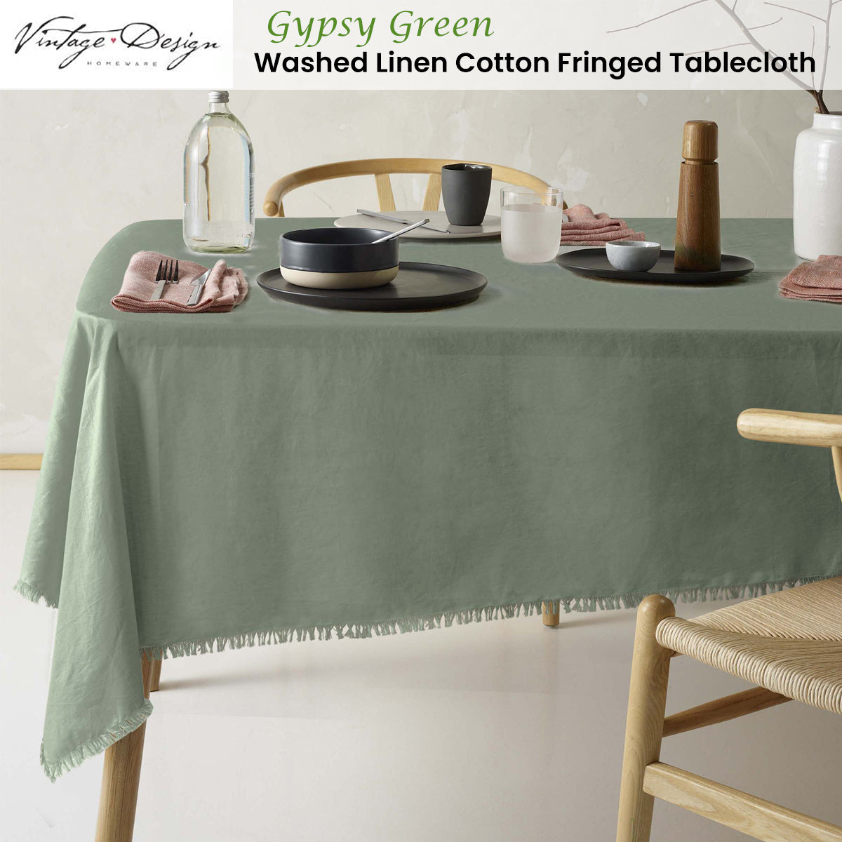 Gypsy Green Fringed Linen Cotton Tablecloth for Vintage-Inspired Dining - 130cm x 180cm
